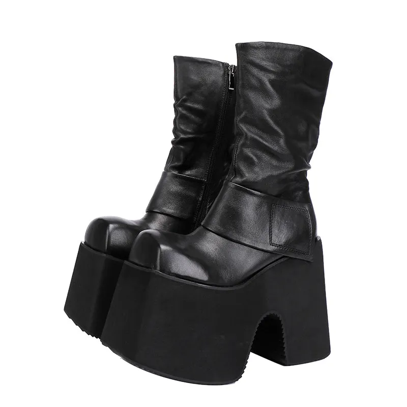 15mm Platform Leather Combat Boots Round Toe Touch-strap Martin Boots for Women in Black