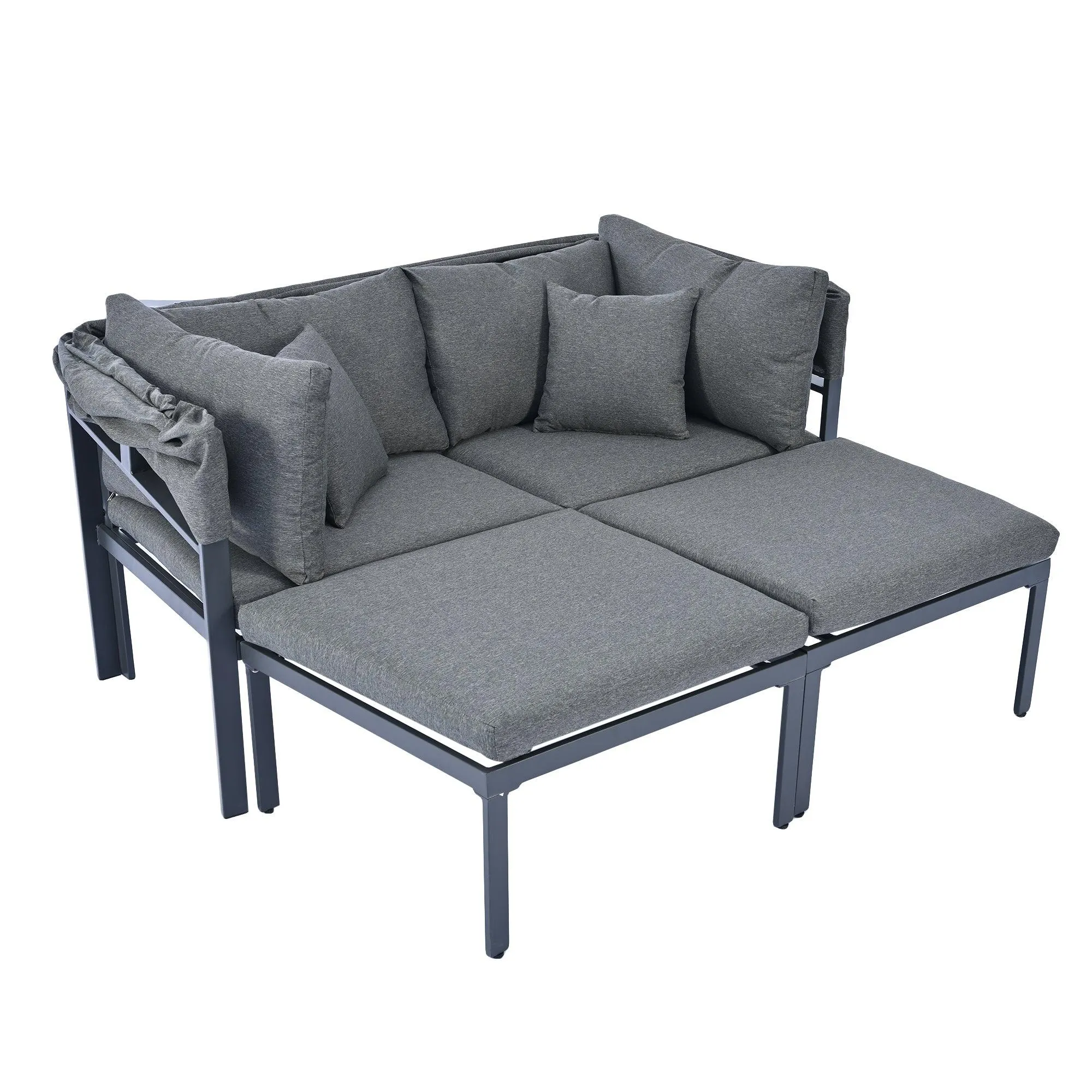 3-Piece Patio Daybed with Retractable Canopy Sofa Set Sun Lounger with Cushions,Grey