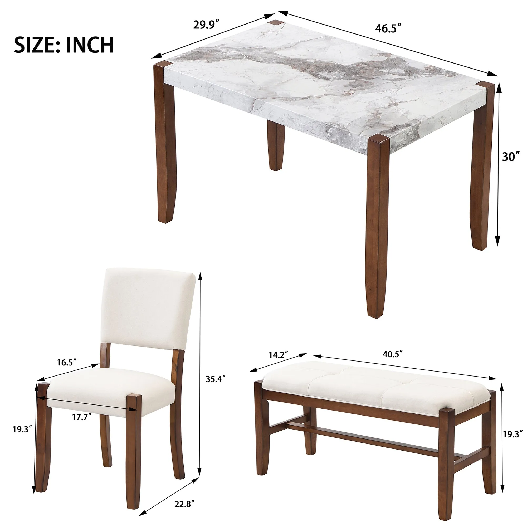 4-Piece Modern Dining Furniture Set, 4-Person Space-Saving Dinette for Kitchen, 46" Faux Marble Style Table and 2 Upholstered Chairs & Bench with Wood Legs