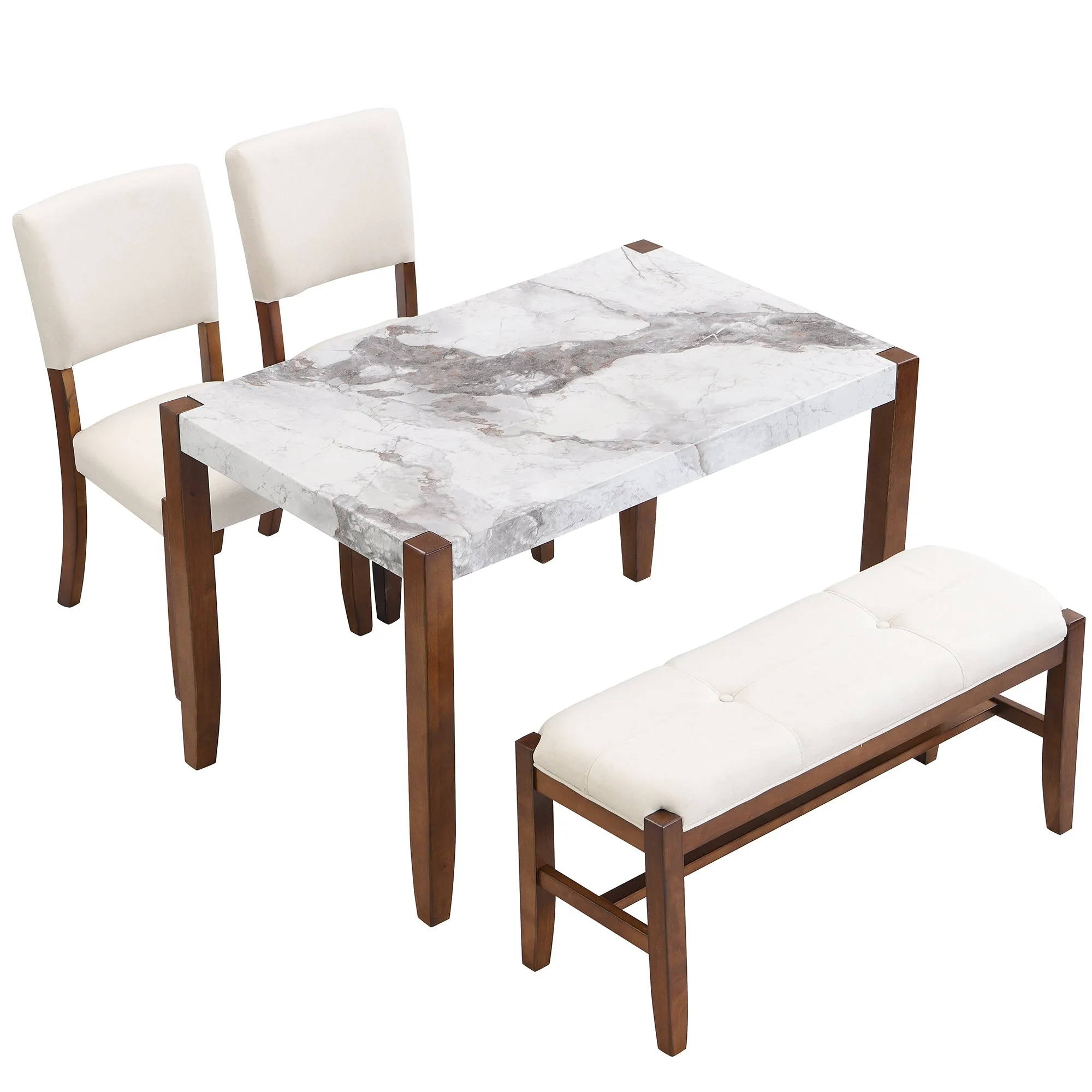 4-Piece Modern Dining Furniture Set, 4-Person Space-Saving Dinette for Kitchen, 46" Faux Marble Style Table and 2 Upholstered Chairs & Bench with Wood Legs