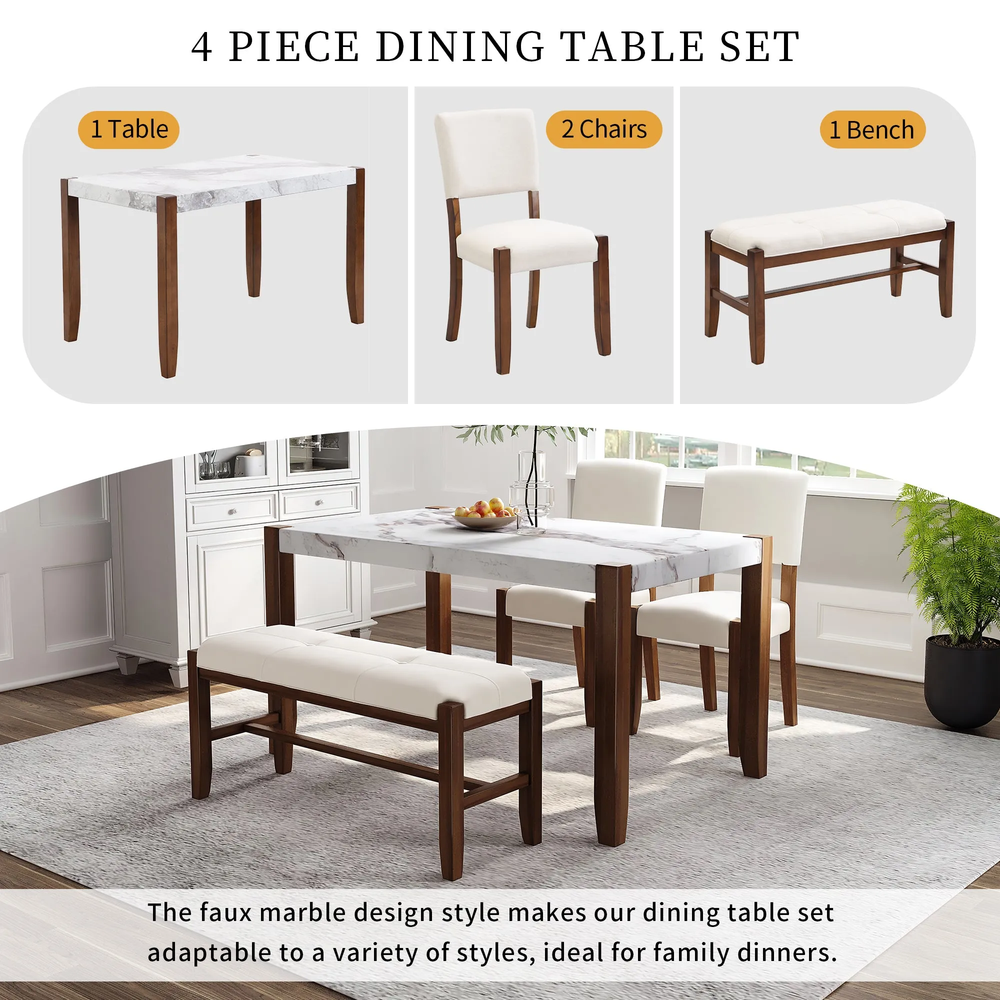 4-Piece Modern Dining Furniture Set, 4-Person Space-Saving Dinette for Kitchen, 46" Faux Marble Style Table and 2 Upholstered Chairs & Bench with Wood Legs