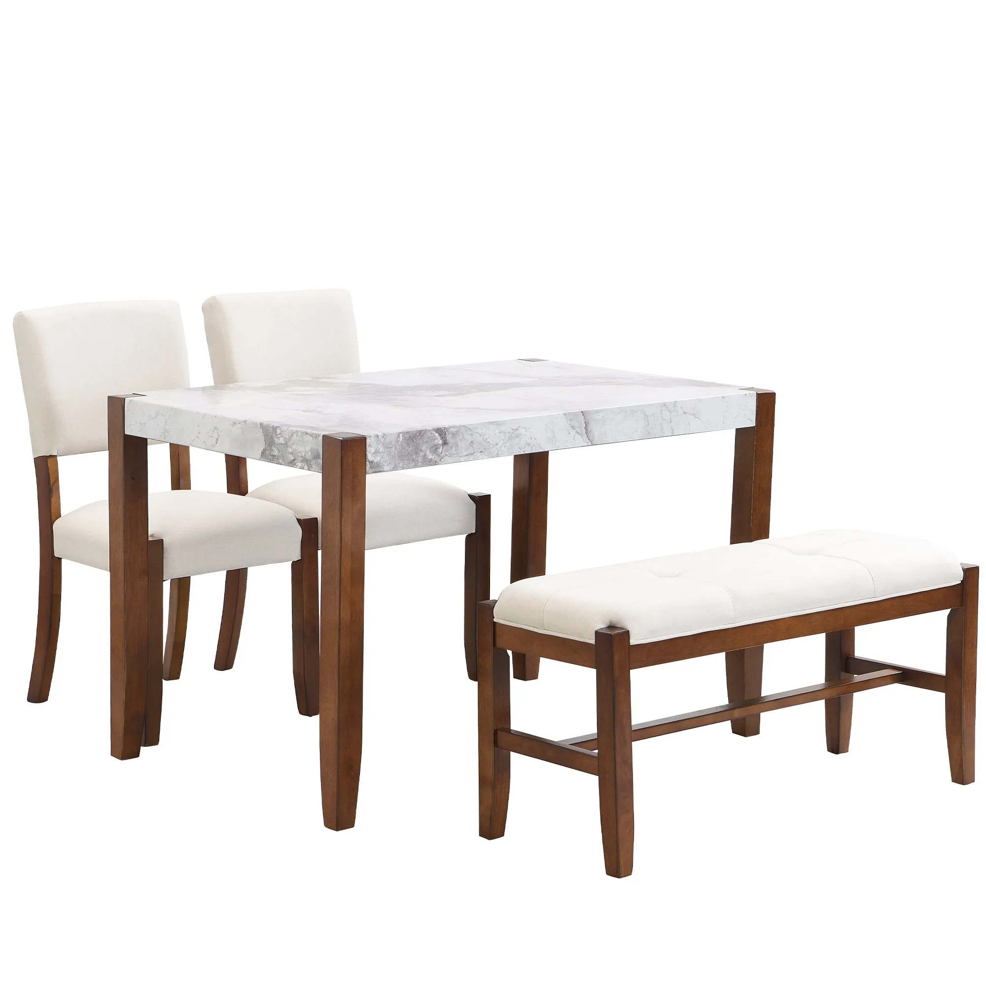 4-Piece Modern Dining Furniture Set, 4-Person Space-Saving Dinette for Kitchen, 46" Faux Marble Style Table and 2 Upholstered Chairs & Bench with Wood Legs