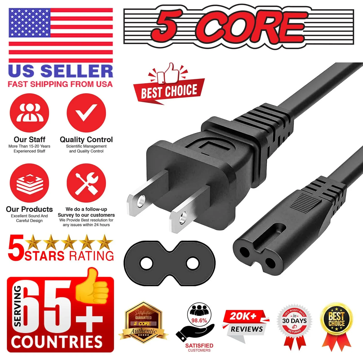 5Core AC Power Cord 12Ft 2 Prong US Male to Female Extension Adapter 16AWG/2C 125V 13A