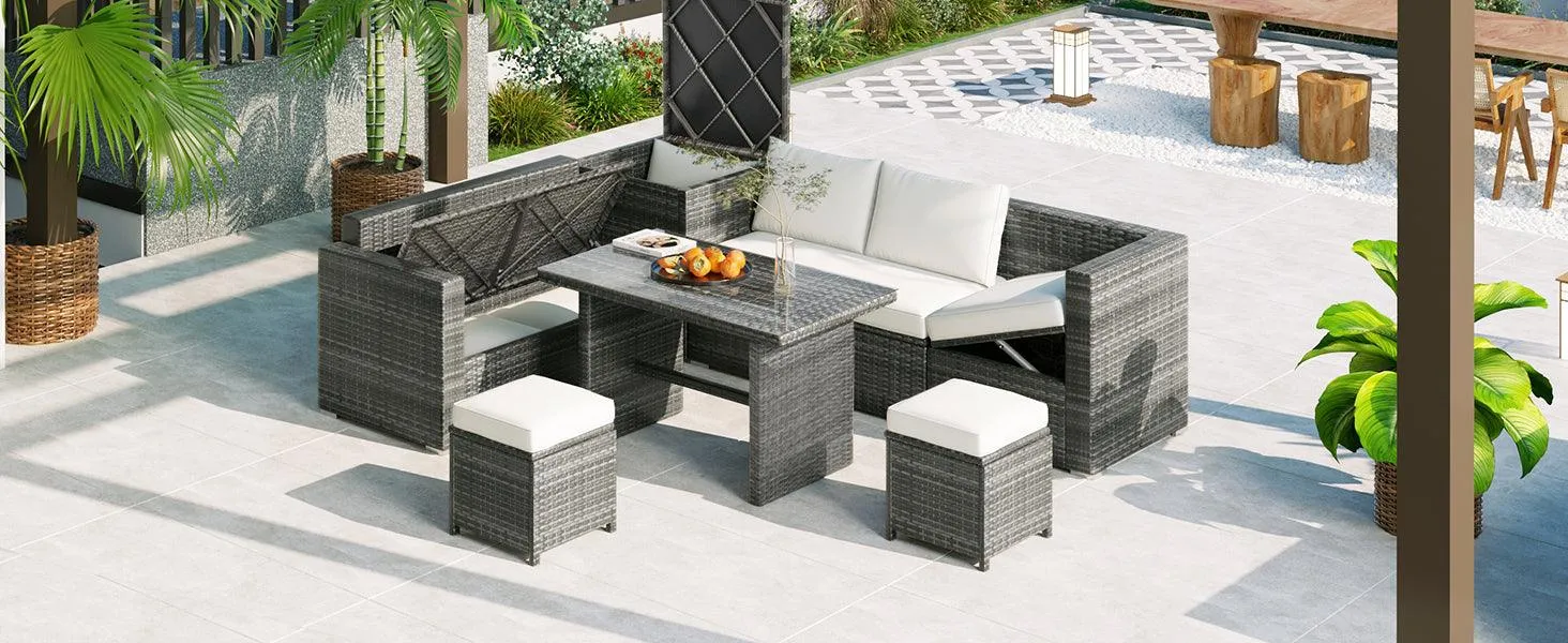 6-Piece Outdoor PE Rattan Sofa Set, Adjustable Seats, Storage Box, Glass Table, Beige