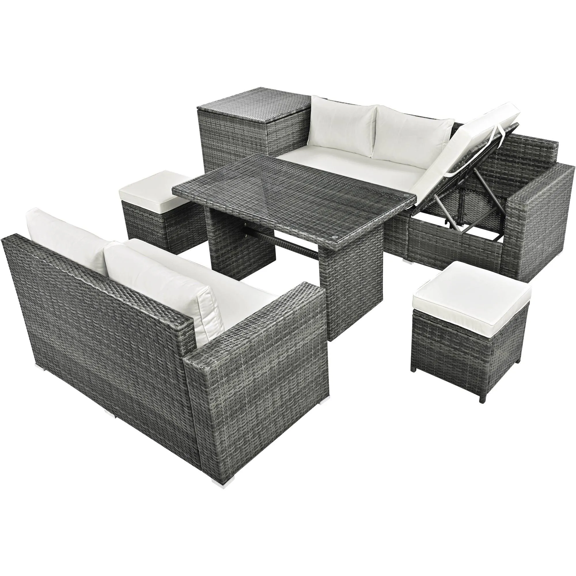 6-Piece Outdoor PE Rattan Sofa Set, Adjustable Seats, Storage Box, Glass Table, Beige