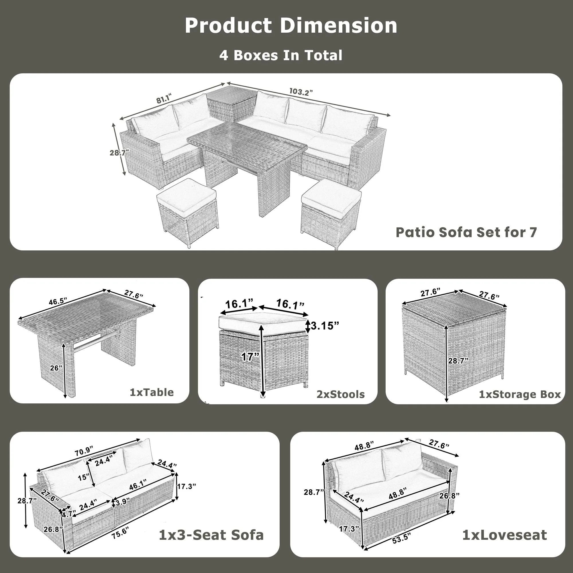 6-Piece Outdoor PE Rattan Sofa Set, Adjustable Seats, Storage Box, Glass Table, Beige