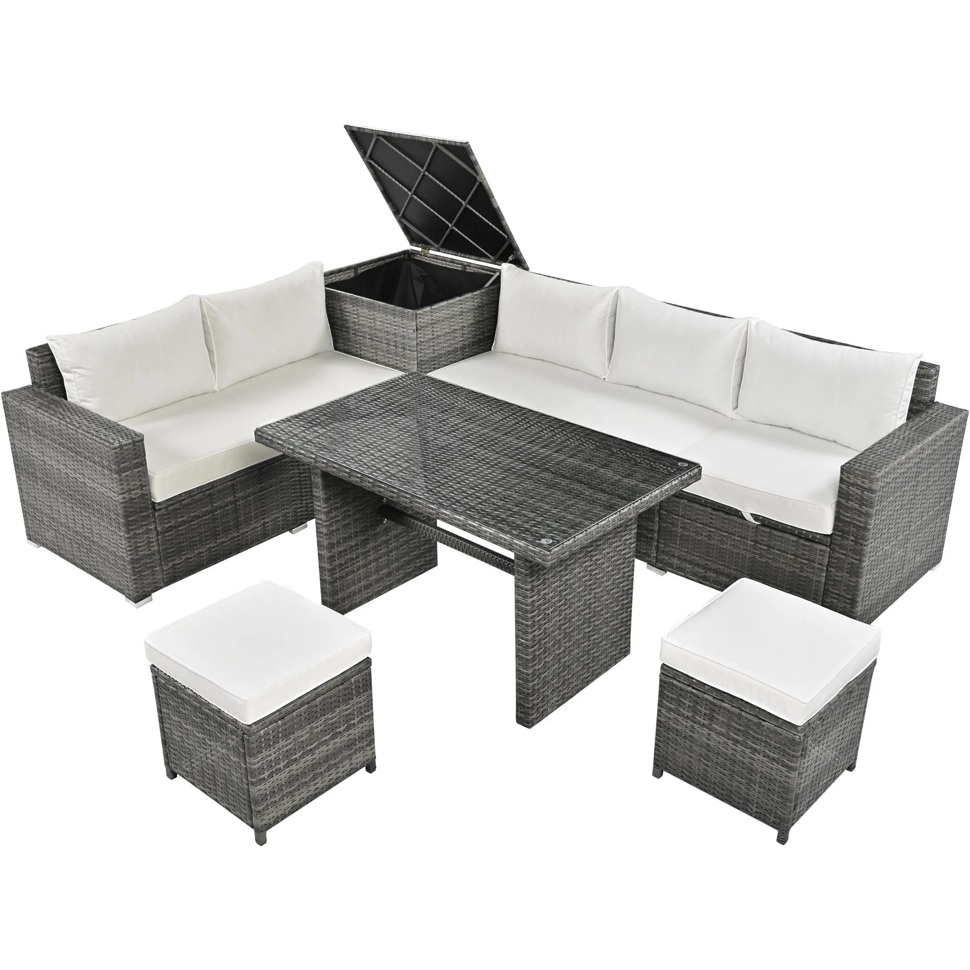 6-Piece Outdoor PE Rattan Sofa Set, Adjustable Seats, Storage Box, Glass Table, Beige