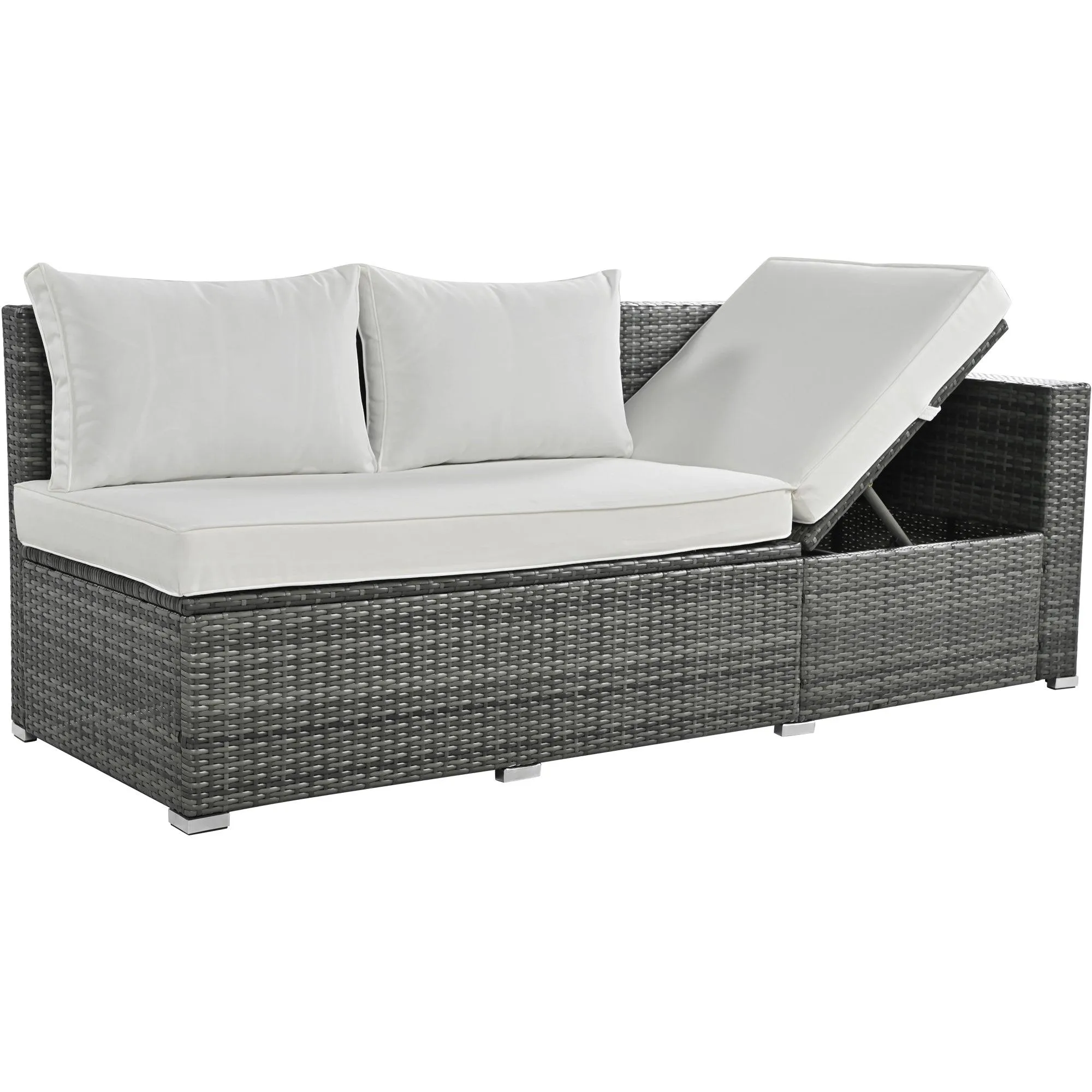 6-Piece Outdoor PE Rattan Sofa Set, Adjustable Seats, Storage Box, Glass Table, Beige