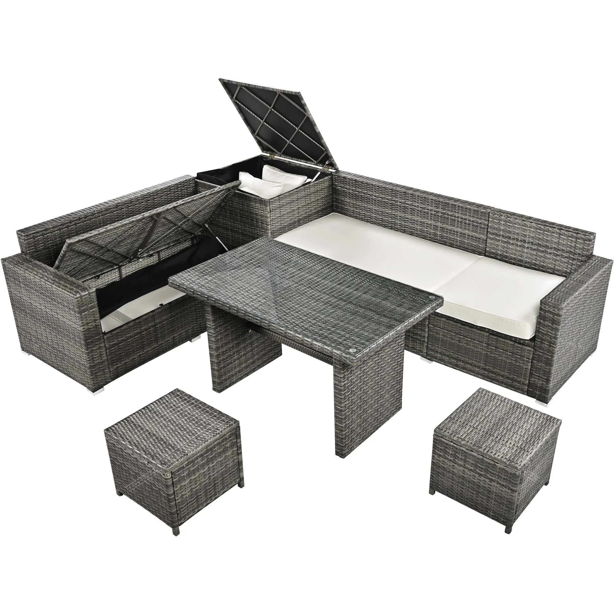 6-Piece Outdoor PE Rattan Sofa Set, Adjustable Seats, Storage Box, Glass Table, Beige