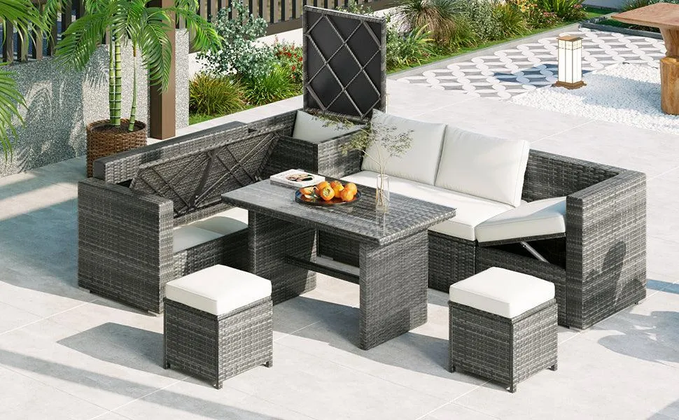 6-Piece Outdoor PE Rattan Sofa Set, Adjustable Seats, Storage Box, Glass Table, Beige