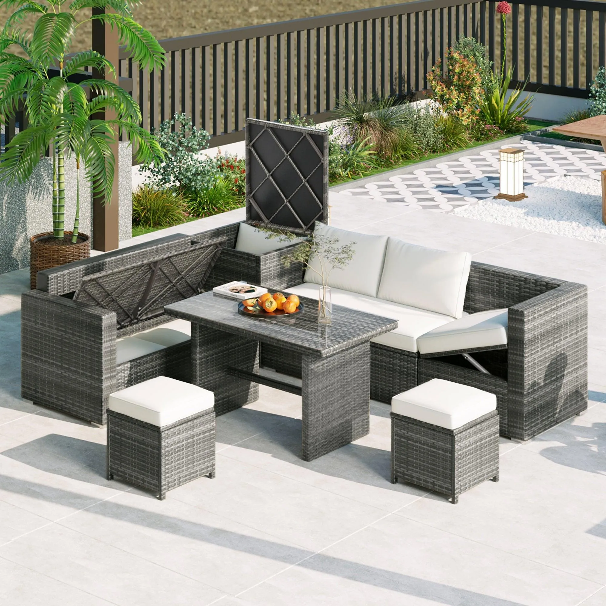 6-Piece Outdoor PE Rattan Sofa Set, Adjustable Seats, Storage Box, Glass Table, Beige