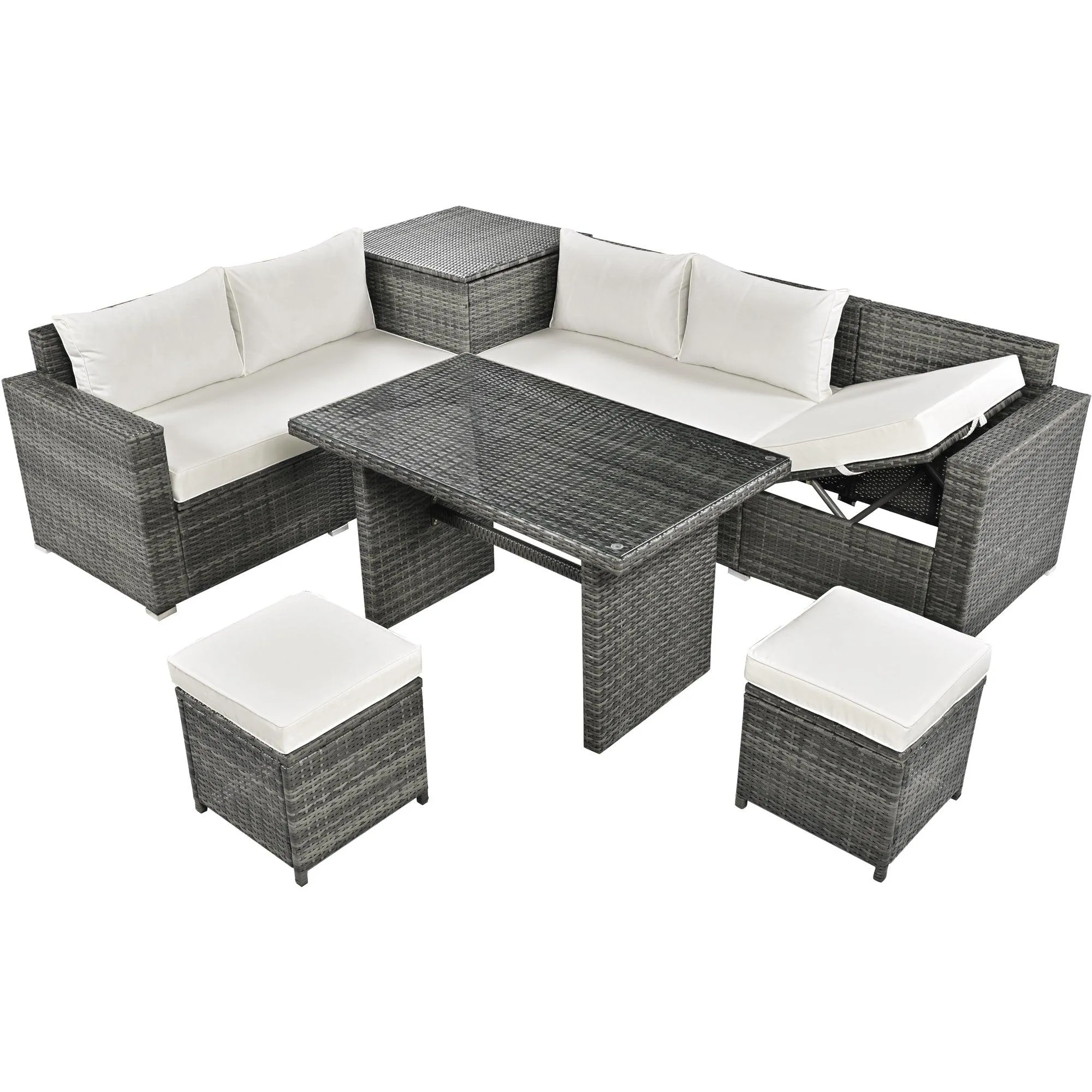 6-Piece Outdoor PE Rattan Sofa Set, Adjustable Seats, Storage Box, Glass Table, Beige