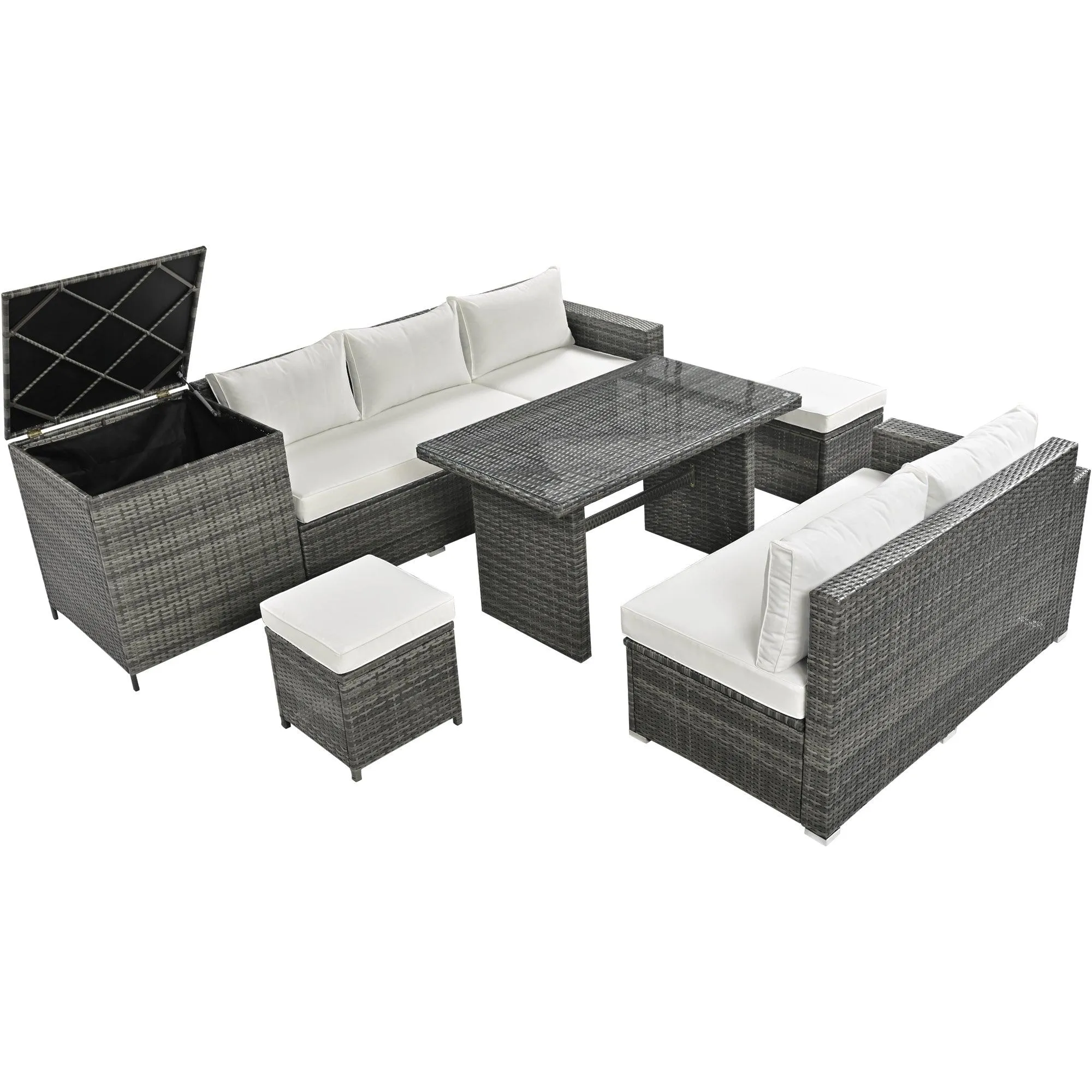 6-Piece Outdoor PE Rattan Sofa Set, Adjustable Seats, Storage Box, Glass Table, Beige