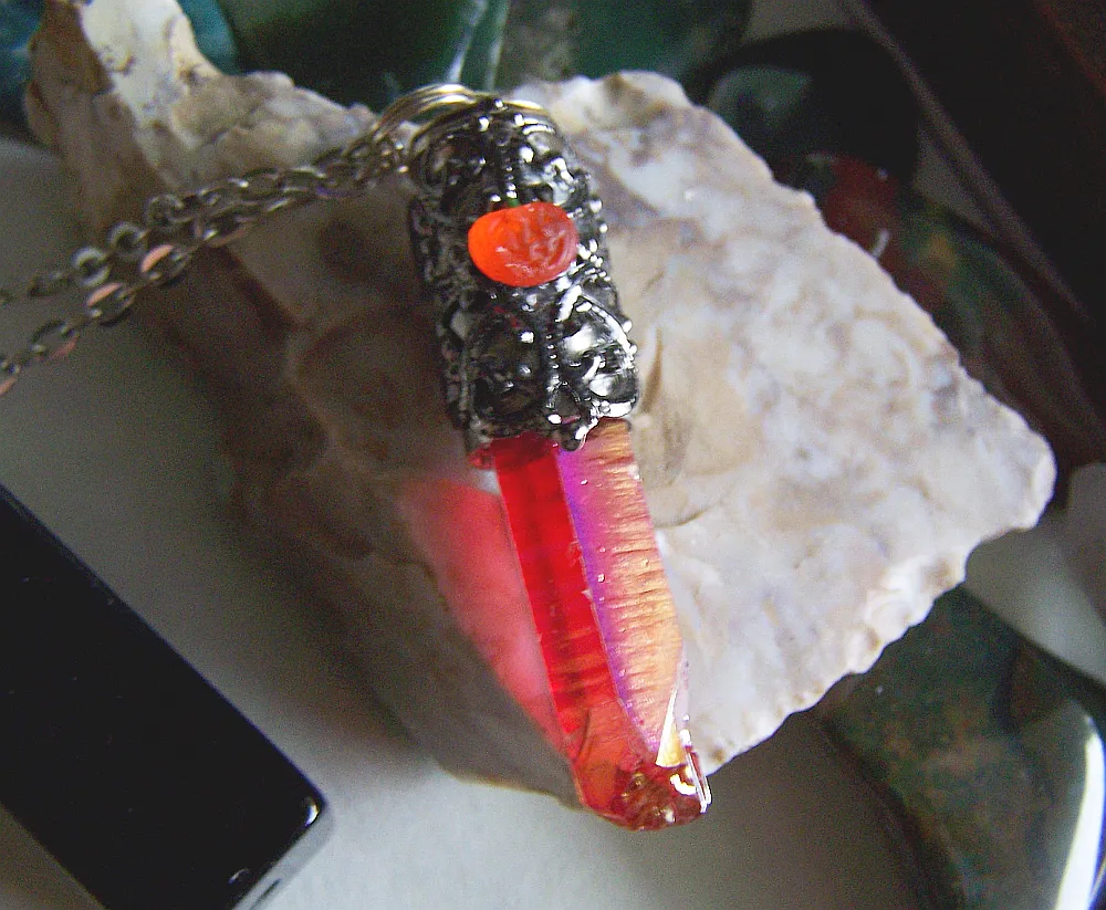 Autumn Orange Aura Quartz Filigree Pumpkin Bullet Jewelry Pendant