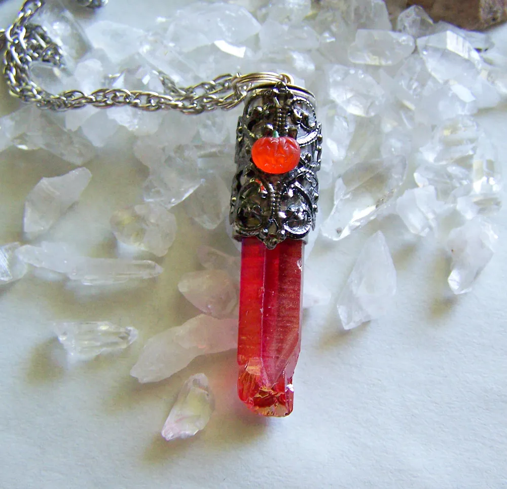 Autumn Orange Aura Quartz Filigree Pumpkin Bullet Jewelry Pendant