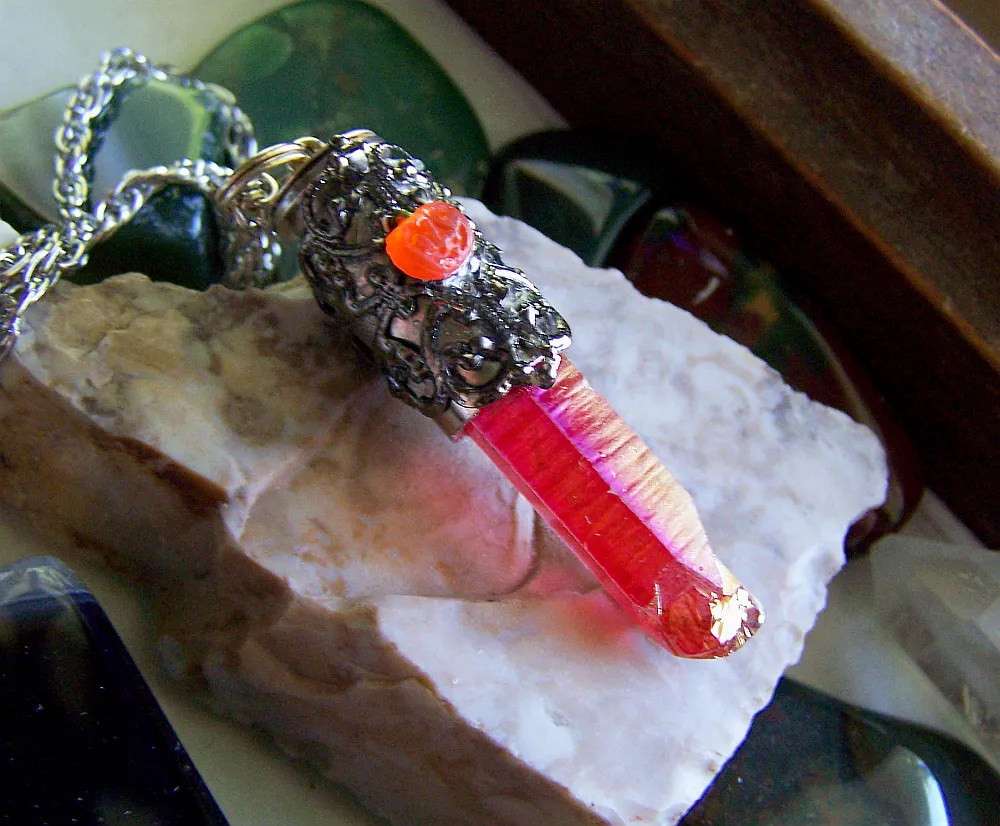 Autumn Orange Aura Quartz Filigree Pumpkin Bullet Jewelry Pendant