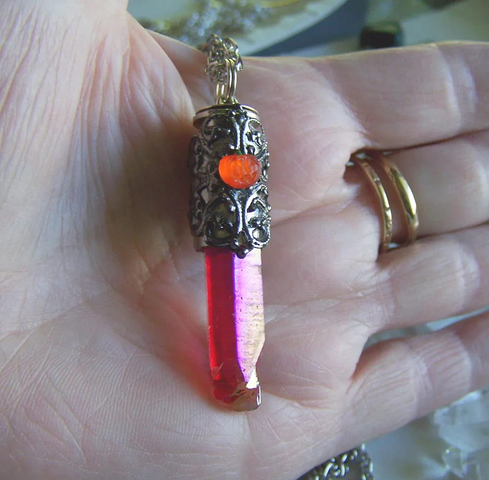 Autumn Orange Aura Quartz Filigree Pumpkin Bullet Jewelry Pendant