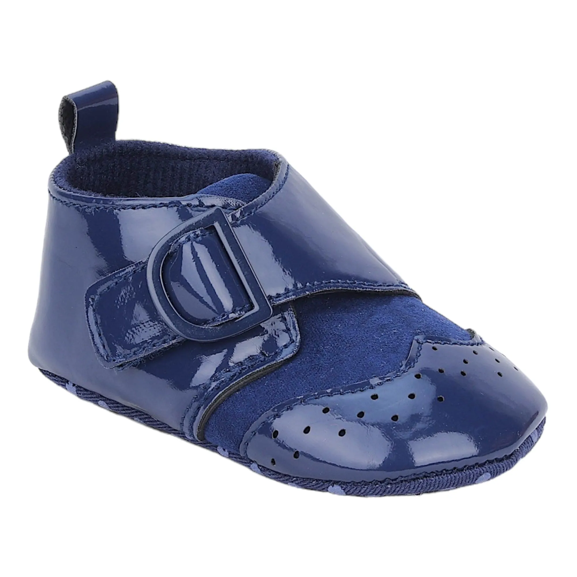 Baby Moo Breathable Buckle Closure Patent Leather Anti-Skid Ballerina Booties - Navy Blue