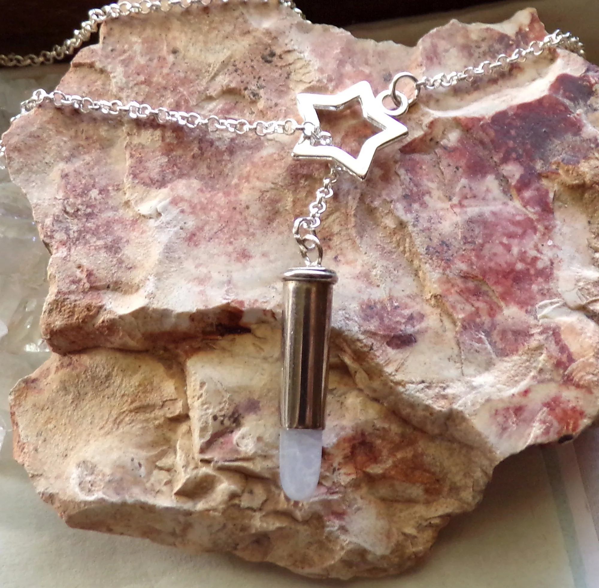 Blue Lace Agate Silver Star Bullet Jewelry Necklace