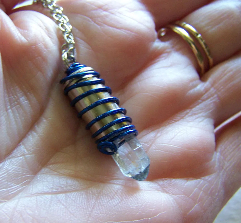 Blue Wire Wrapped Natural Quartz Crystal Bullet Pendant Necklace