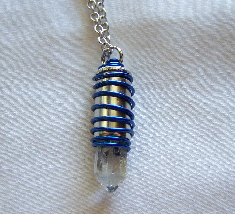 Blue Wire Wrapped Natural Quartz Crystal Bullet Pendant Necklace