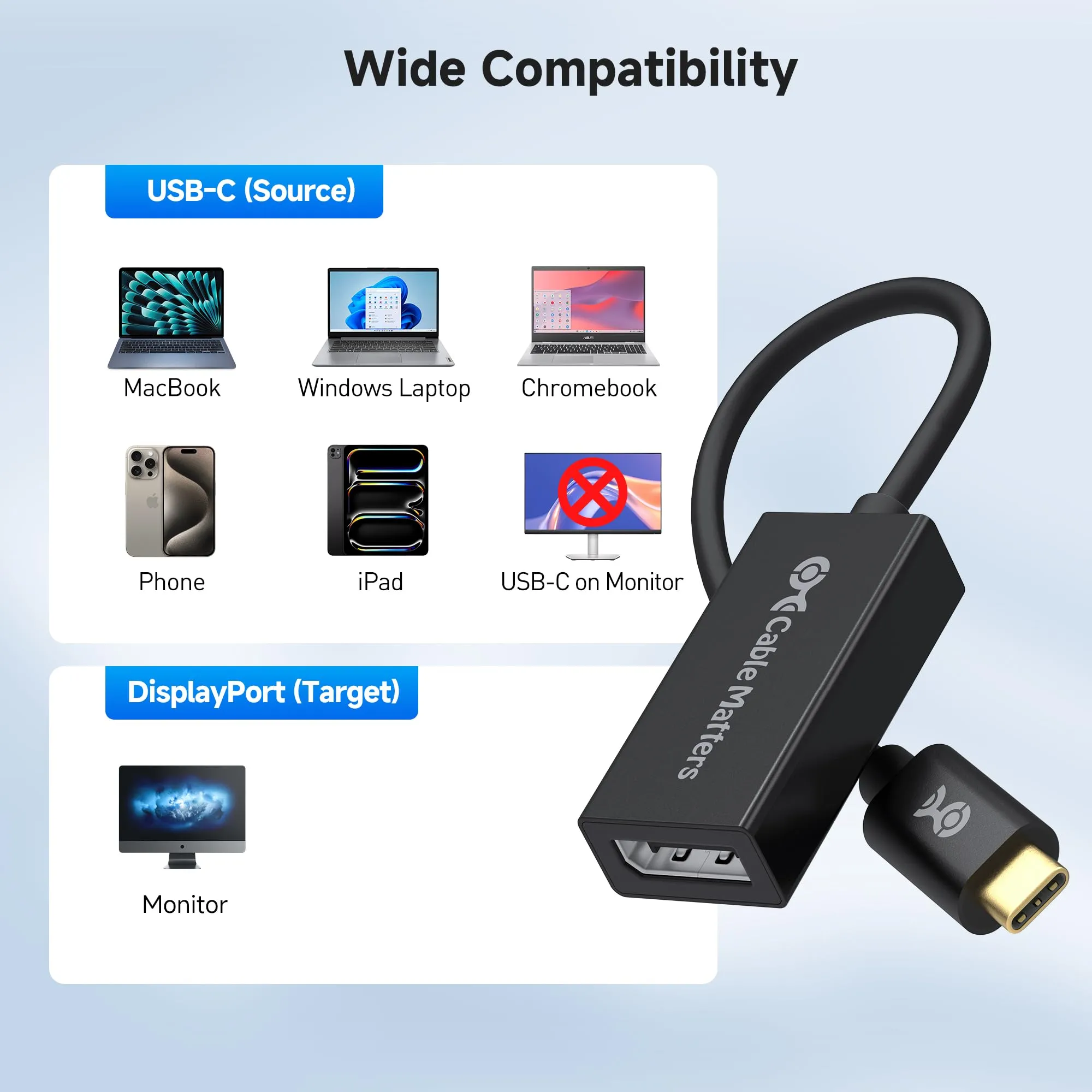 Cable Matters 32.4Gbps USB C to DisplayPort 1.4 Adapter, 4K@240hz, 8K@60hz, and HDR Support -Thunderbolt 4 / USB4 Compatible with Oculus Rift S, iPad Pro, iPhone 16/15 Pro, MacBook Pro, XPS, Surface