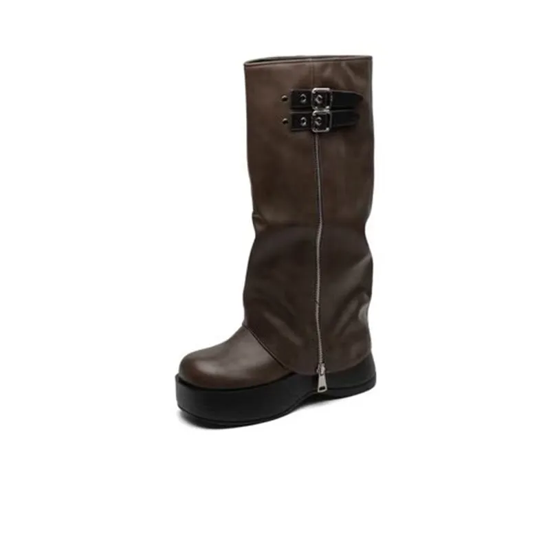 Cow Leather Women's Folded Big Round Toe High-Calf Boots With Side Zipper in Black/Brown/Khaki