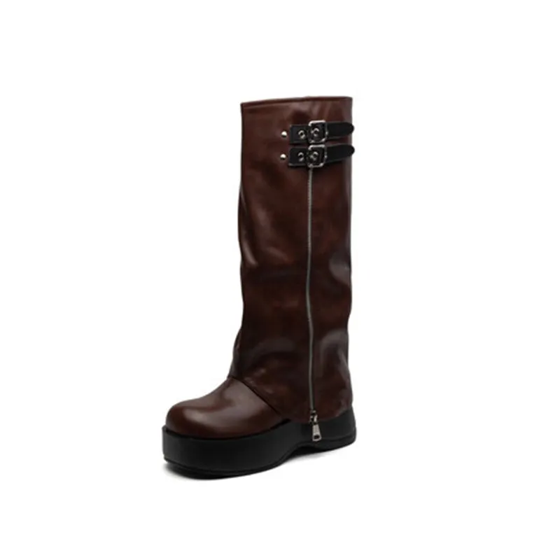 Cow Leather Women's Folded Big Round Toe High-Calf Boots With Side Zipper in Black/Brown/Khaki