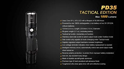 EdisonBright Fenix PD35 TAC 1000 Lumen CREE LED Tactical Flashlight with Fenix ARB-L2S 18650 Li-ion Rechargeable Battery, Fenix Smart Charger and 2 X CR123A Lithium Batteries Bundle