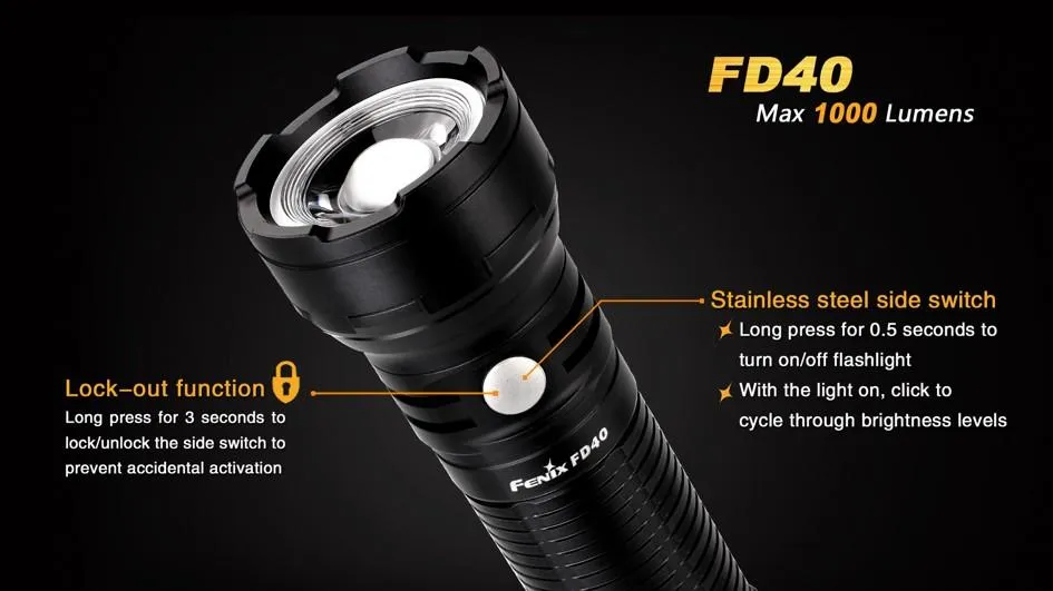 Fenix FD40 CREE LED 1000 lumens variable focus flashlight multi batteries type compatible