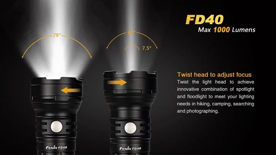 Fenix FD40 CREE LED 1000 lumens variable focus flashlight multi batteries type compatible