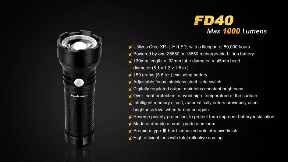 Fenix FD40 CREE LED 1000 lumens variable focus flashlight multi batteries type compatible