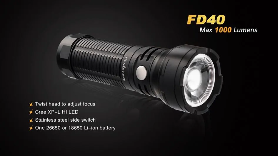 Fenix FD40 CREE LED 1000 lumens variable focus flashlight multi batteries type compatible