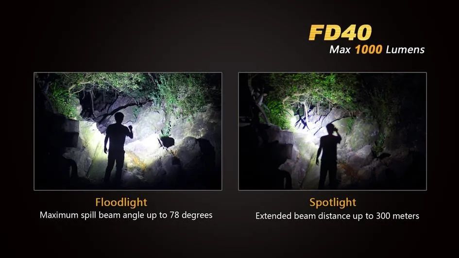 Fenix FD40 CREE LED 1000 lumens variable focus flashlight multi batteries type compatible