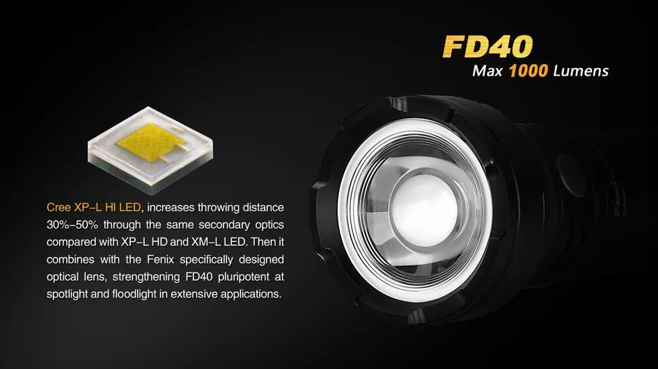 Fenix FD40 CREE LED 1000 lumens variable focus flashlight multi batteries type compatible