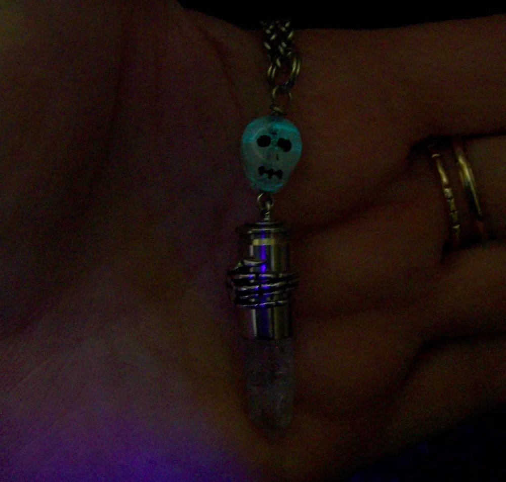 Glow in the Dark Glass Skull Quartz Crystal Bullet Jewelry Pendant