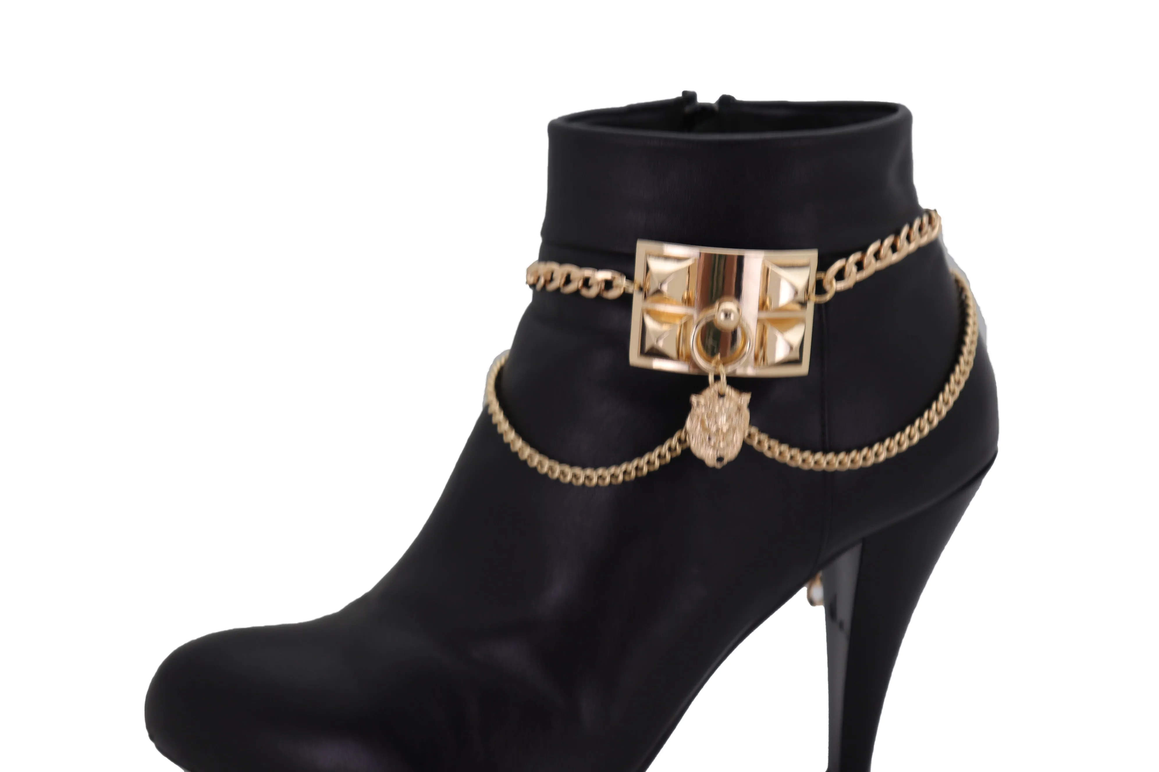 Gold Metal Chain Boot Bracelet Shoe Spikes Lion Charm Side Waves