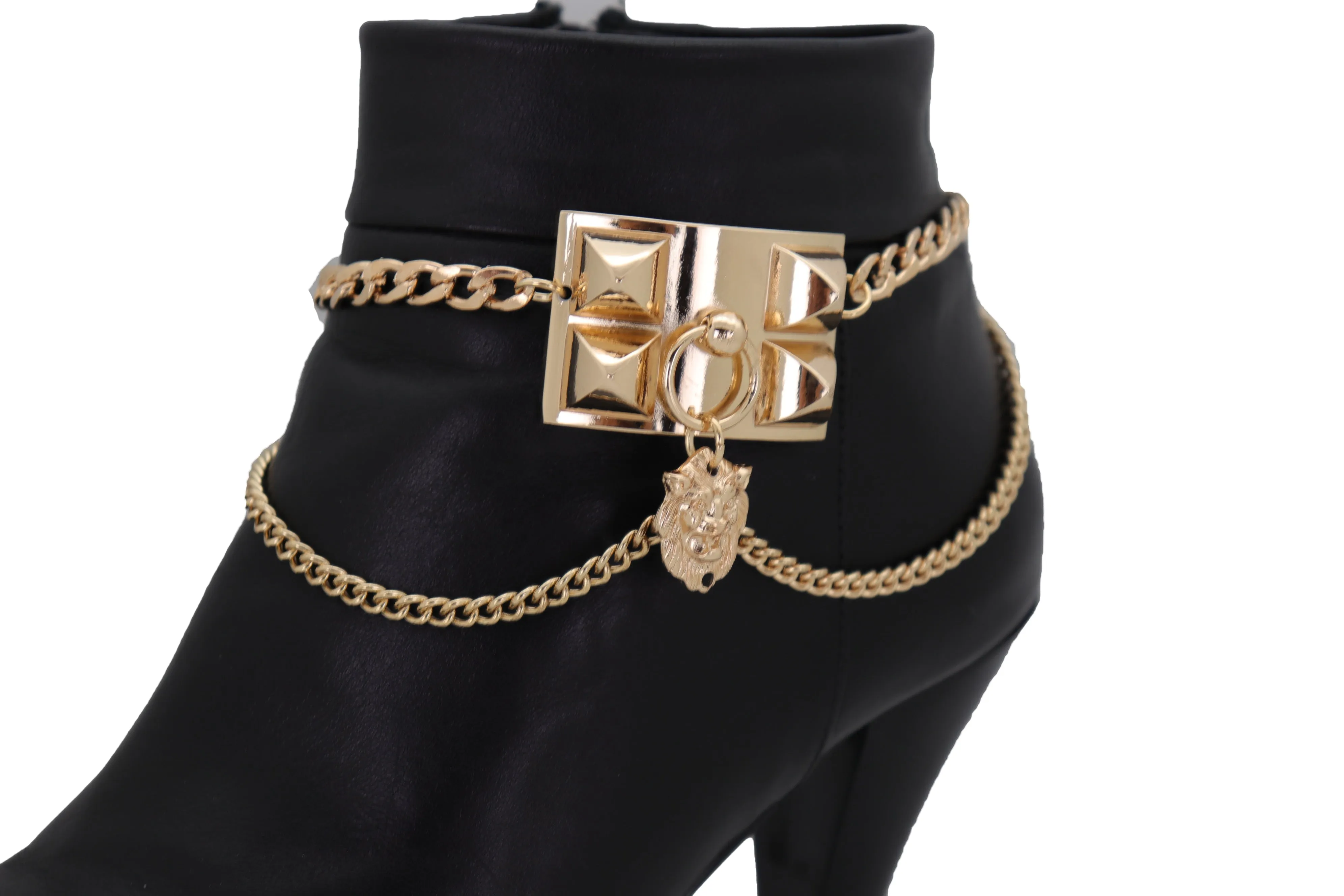 Gold Metal Chain Boot Bracelet Shoe Spikes Lion Charm Side Waves