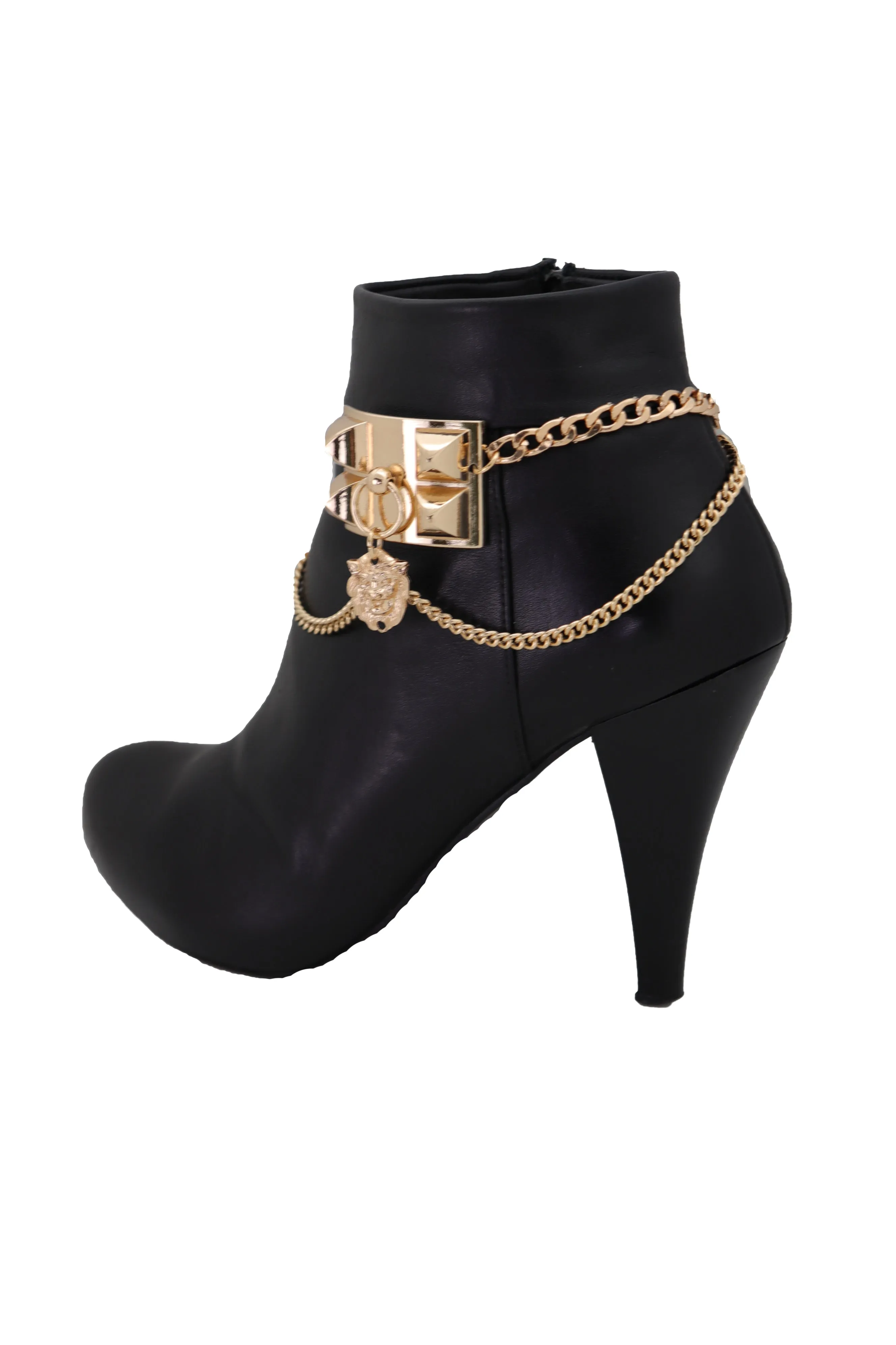 Gold Metal Chain Boot Bracelet Shoe Spikes Lion Charm Side Waves