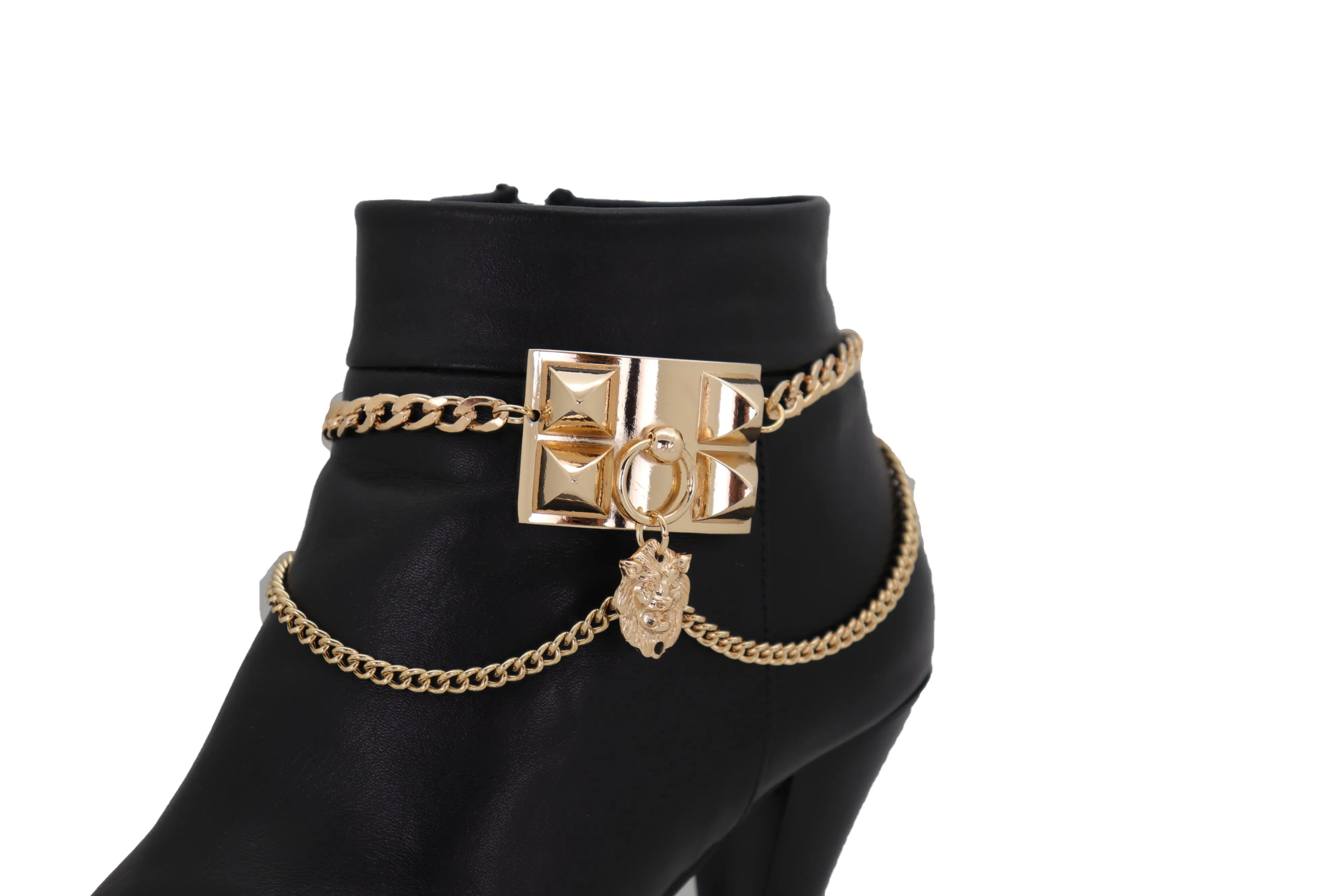 Gold Metal Chain Boot Bracelet Shoe Spikes Lion Charm Side Waves