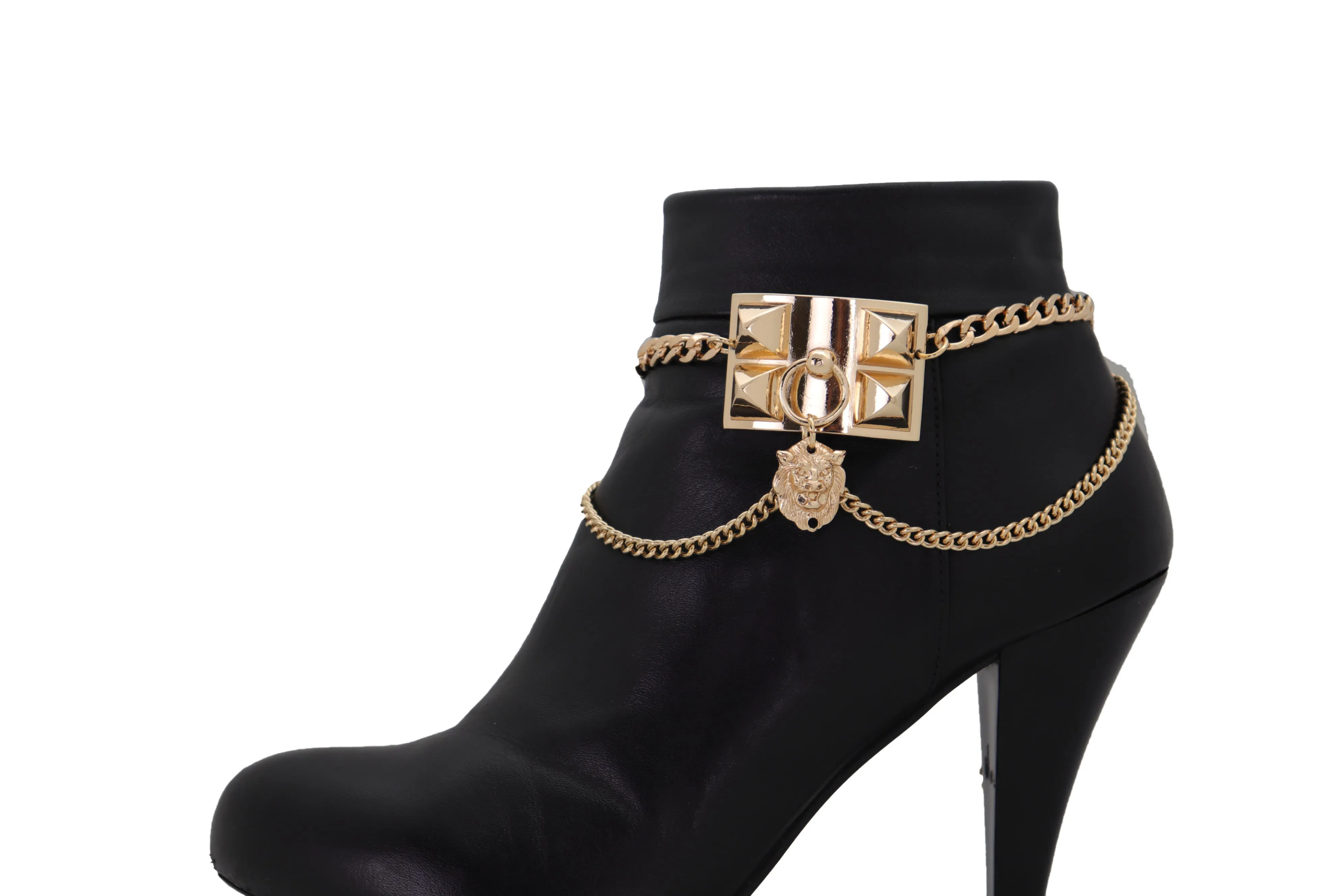 Gold Metal Chain Boot Bracelet Shoe Spikes Lion Charm Side Waves