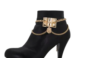 Gold Metal Chain Boot Bracelet Shoe Spikes Lion Charm Side Waves