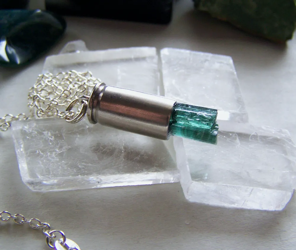 Indicolite Tourmaline Teal Gemstone Crystal Bullet Pendant