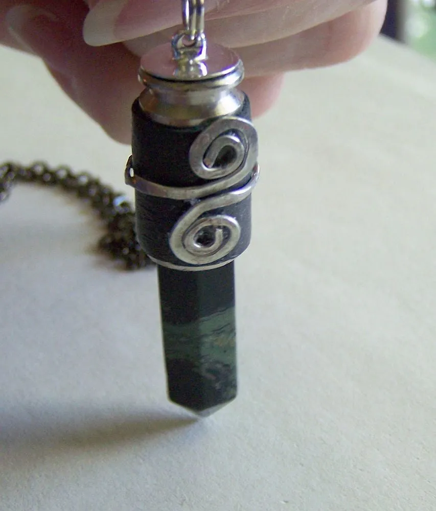 Kambaba Crocodile Jasper Black Leather Wrapped Bullet Jewelry Pendant Necklace