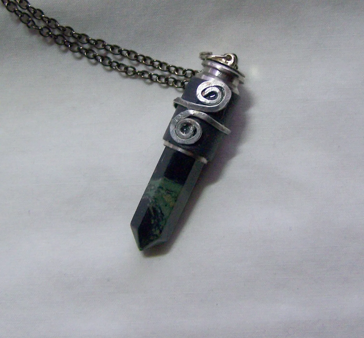 Kambaba Crocodile Jasper Black Leather Wrapped Bullet Jewelry Pendant Necklace