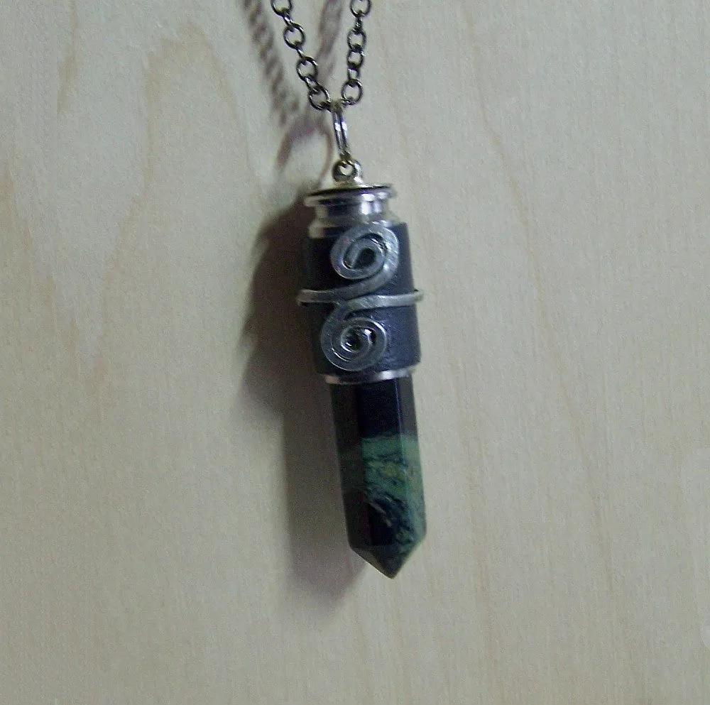 Kambaba Crocodile Jasper Black Leather Wrapped Bullet Jewelry Pendant Necklace