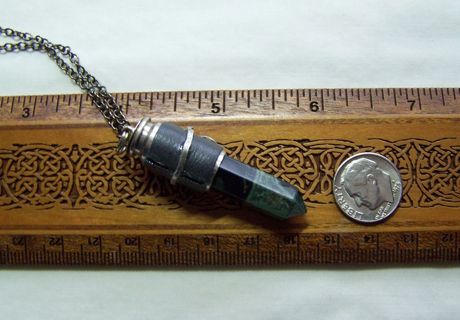 Kambaba Crocodile Jasper Black Leather Wrapped Bullet Jewelry Pendant Necklace