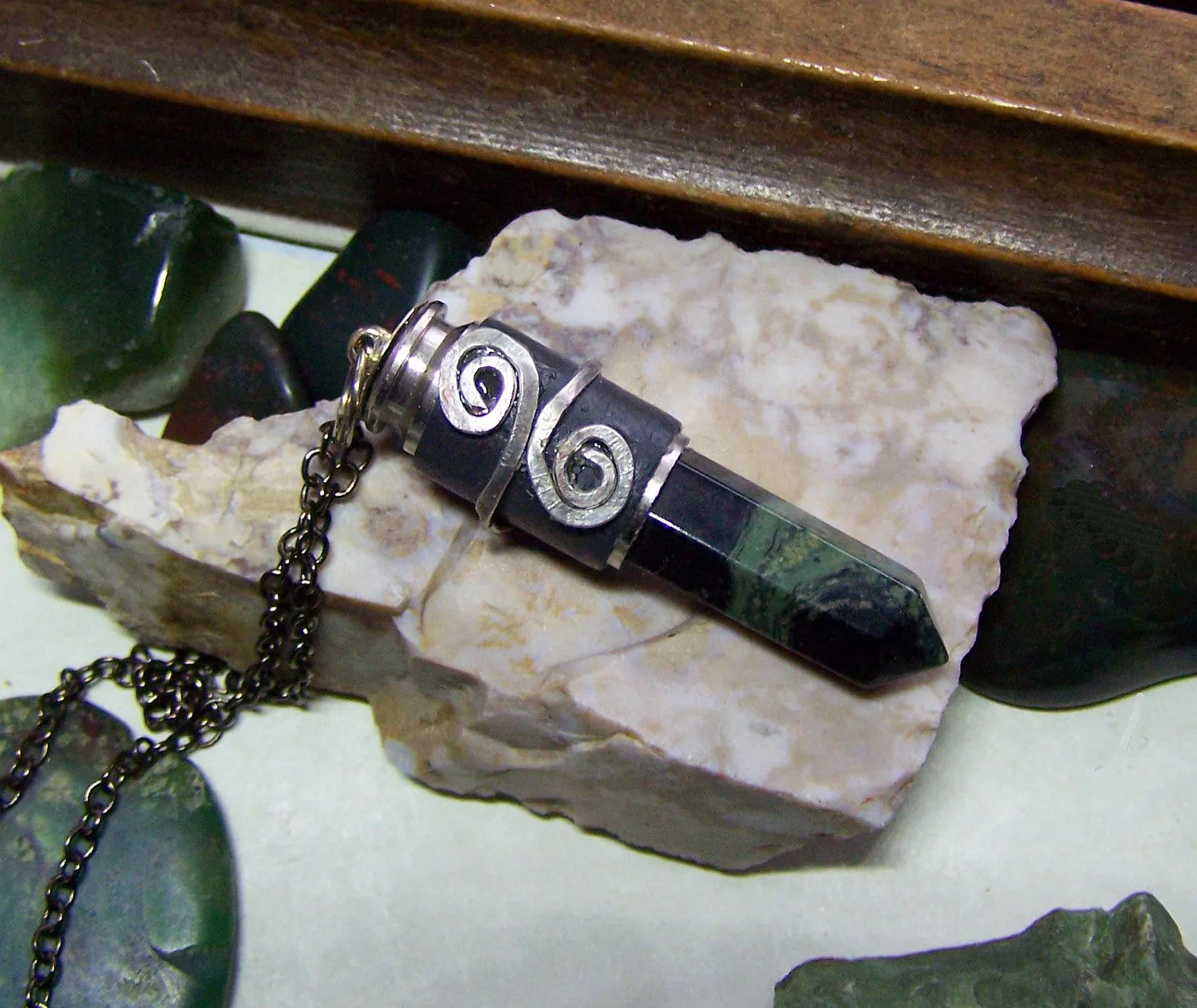 Kambaba Crocodile Jasper Black Leather Wrapped Bullet Jewelry Pendant Necklace