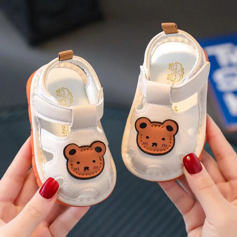 Kids Baby Barking Shoes Summer Cute Cartoon Bear Pattern Sandal Can Make A Sound Toddler Soft Soled Non-Slip Casual Shoes 0-1Y