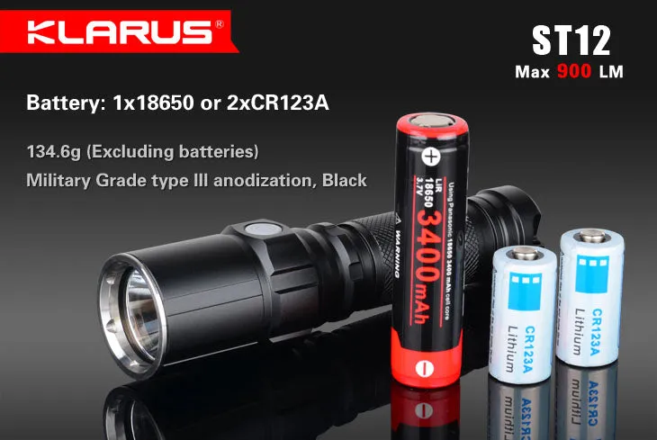 Klarus ST12 2x CR123 / 1x 18650 900 Lumen Cree XM-L2 LED Flashlight